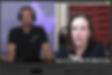 Two people on a video call discuss the Super Patch. The man wears a headset; the woman talks with an expressive face. Hexagonal design and red curtain in background.