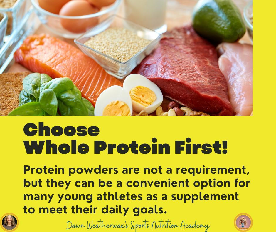 Protein powders are not a requirement but they can be a convenient option for many young athletes as a supplement to meet their daily goals.