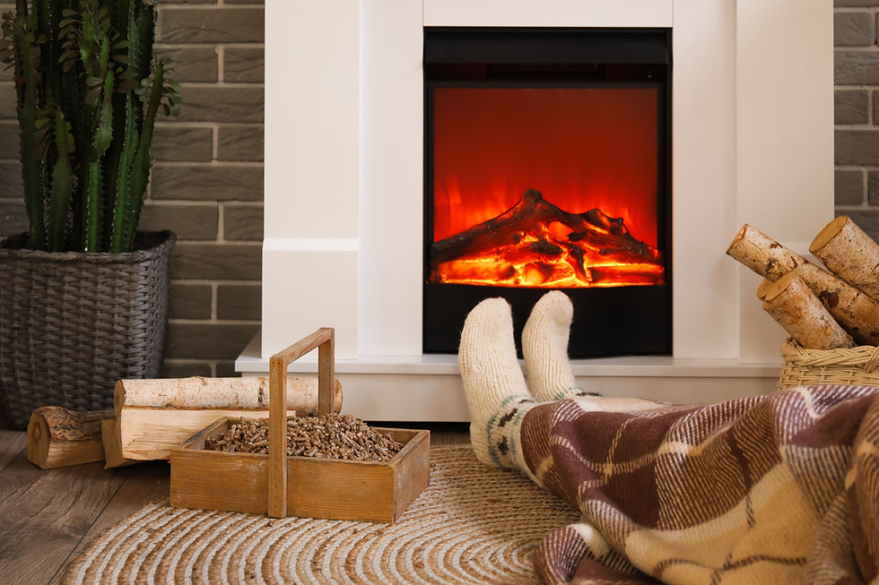Boîte avec pellets en bois et femme se réchauffant près de la cheminée le soir