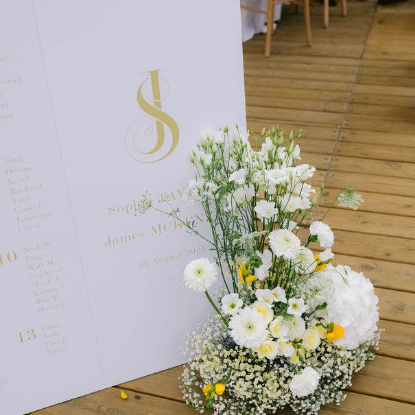 Décoration florale de mariage blanc et jaune