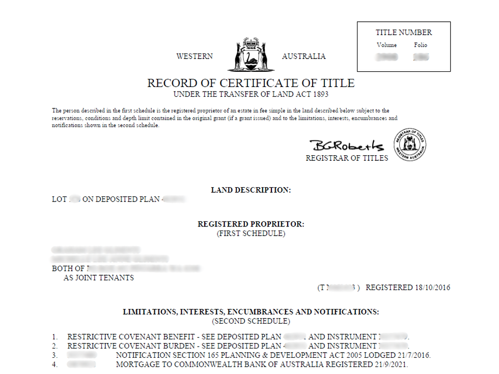 Example of a WA Landgate title search showing ownership details, encumbrances, and registered interests such as mortgages, easements, and restrictive covenants.
