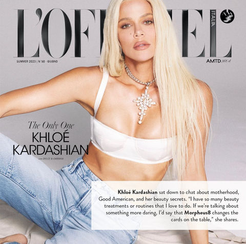Magazine cover of Khloe Kardashian with long blond hair in a white top and jeans.