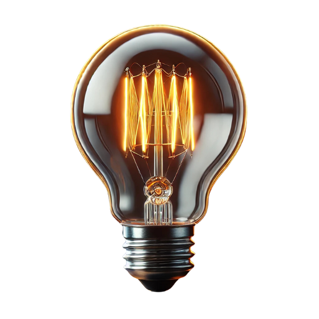 Leuchtende Glühbirne mit sichtbaren Filamenten – Symbol für Innovation und elektrische Energie.