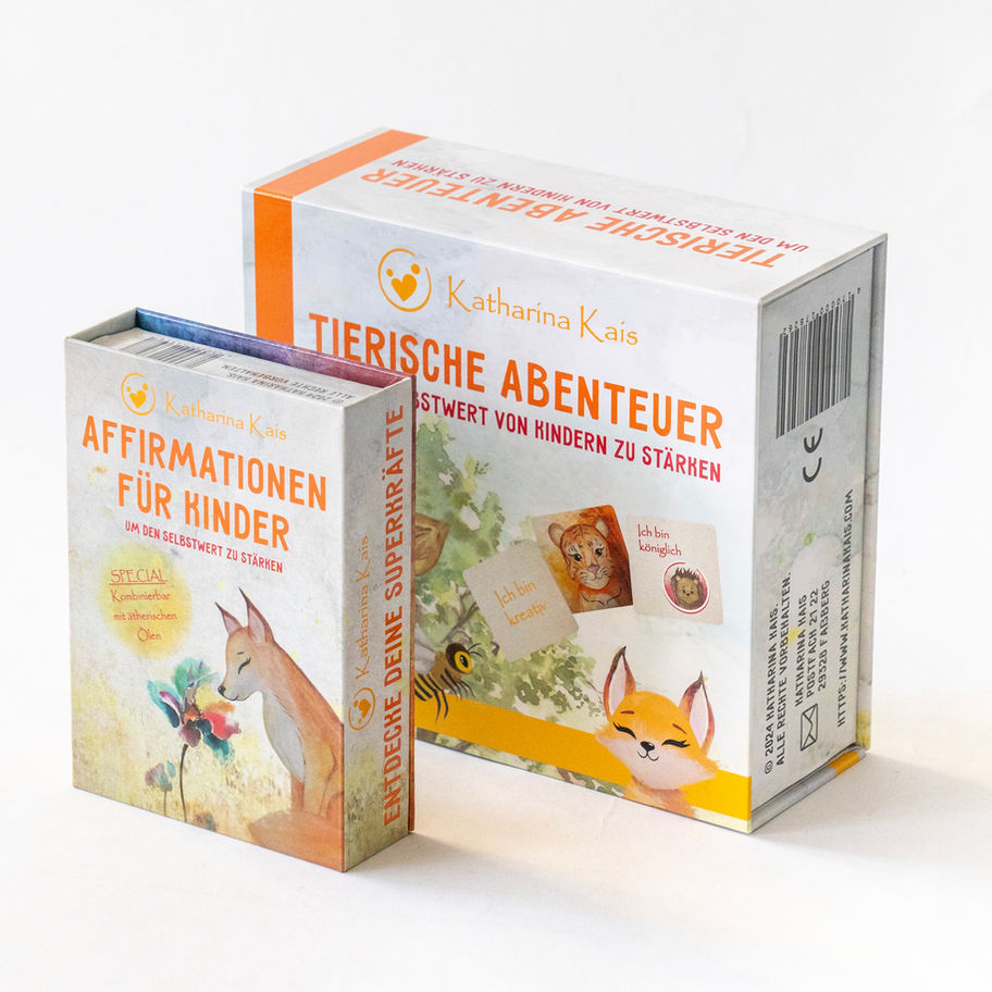 Zwei Buchboxen mit Text, Tierische Abenteuer, Affirmationen für Kinder, Familie Kais.