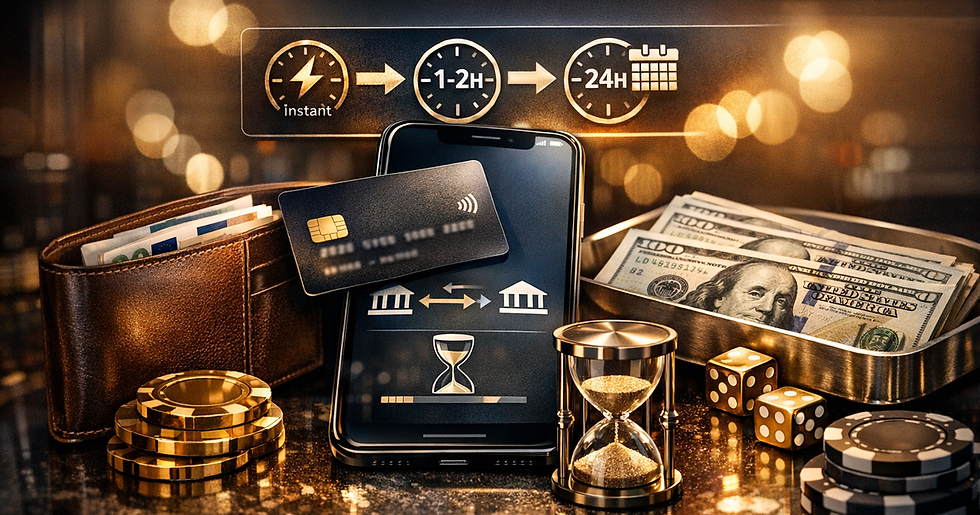 Illustration de dépôts, retraits et délais pour l'article guide 2026 sur les méthodes de paiement casino.