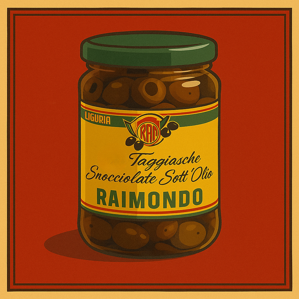 illustrazione retrò Olive Taggiasche snocciolate in olio Extravergine di Oliva