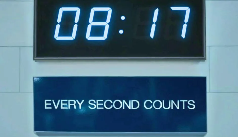 Une horloge numérique affiche 08:17 sur une plaque bleue avec l'inscription « CHAQUE SECONDE COMPTE », dans un cadre épuré et minimaliste.