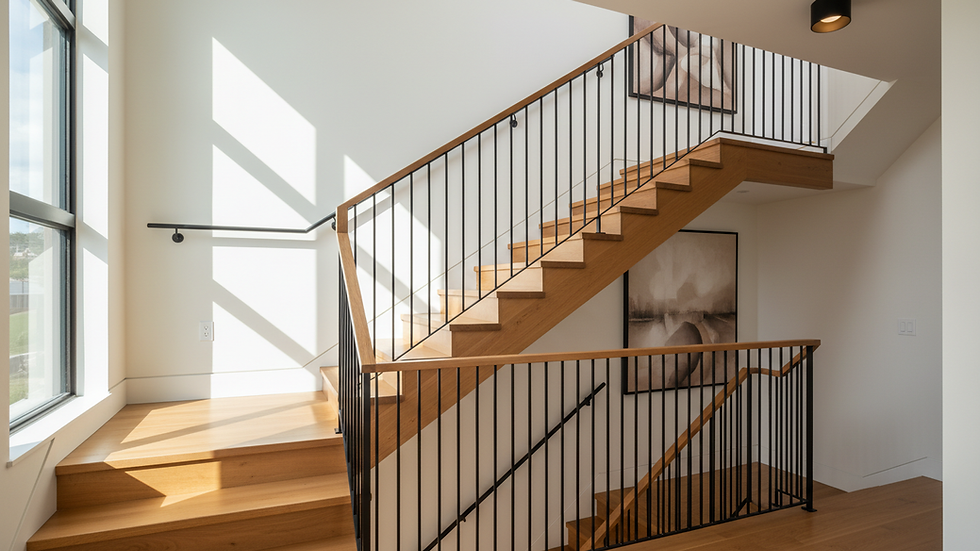 Eye-level view of a modern wooden staircase with sleek metal railings