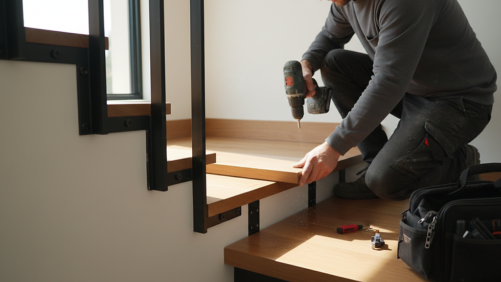 Close-up view of a craftsman installing wooden stair treads