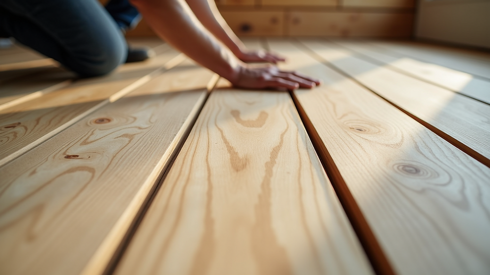 High angle view of flooring installer laying engineered hardwood planks
