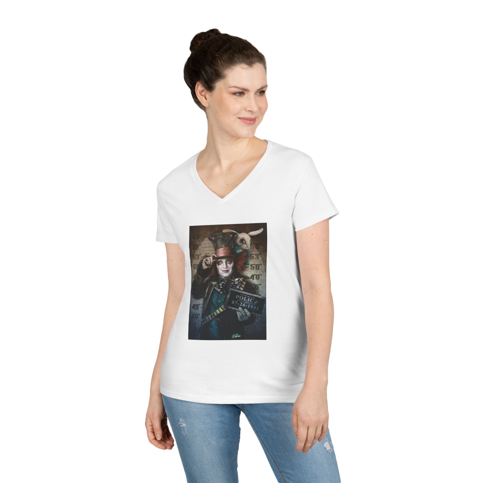 Mad Hatter Mugshot Ladies' V-Neck T-Shirt