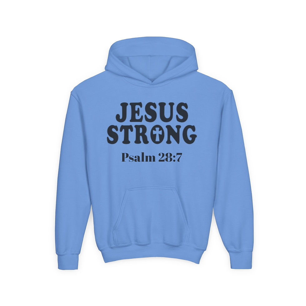 Thumbnail: Psalm 28:7 Jesus Strong Youth Heavy Blend Hooded Sweatshirt