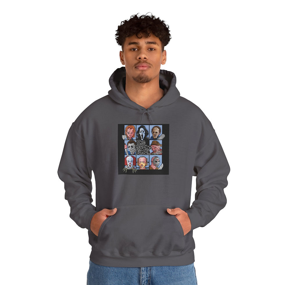 Thumbnail: The Psycho Bunch Horror Characters Fun Hoodie, Scary Monsters, Halloween, Spooky