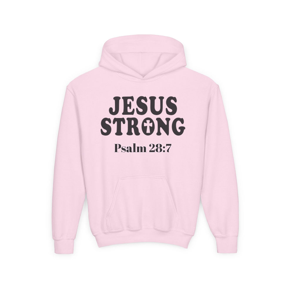 Thumbnail: Psalm 28:7 Jesus Strong Youth Heavy Blend Hooded Sweatshirt