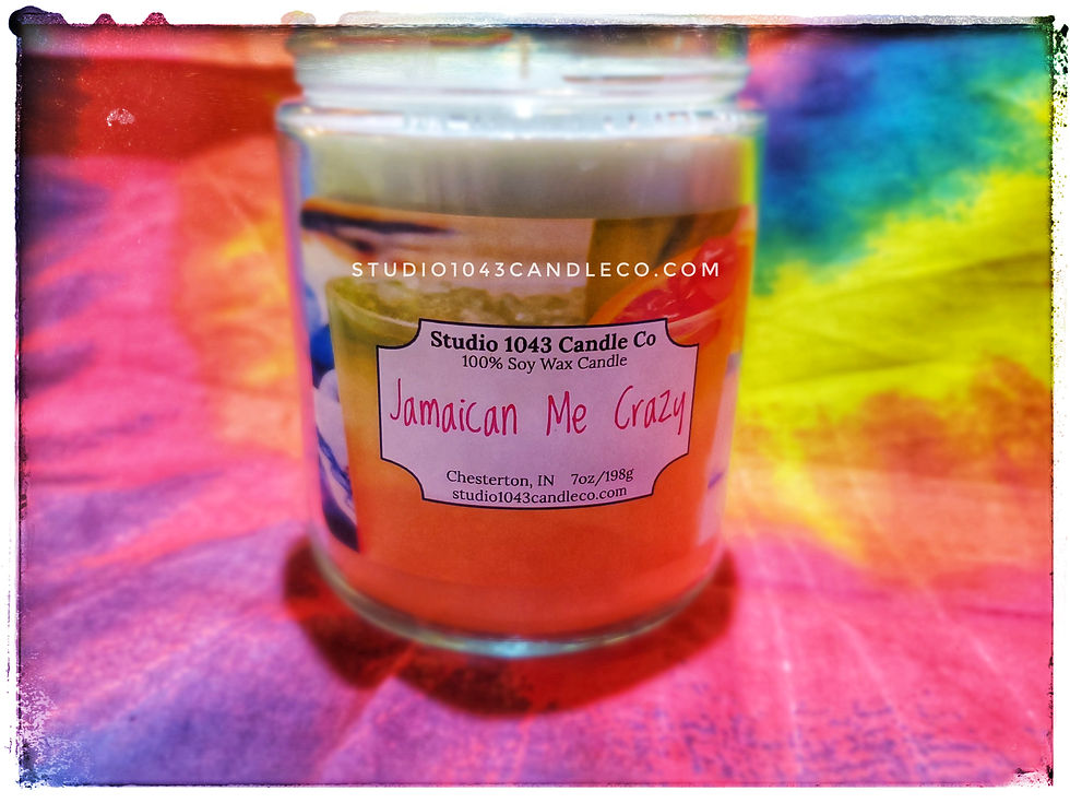 Thumbnail: Jamaican Me Crazy scented soy wax candle in a 9 ounce jar front view with a tie-dyed background