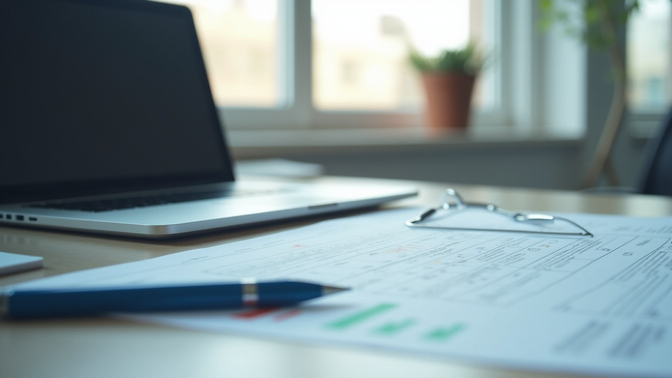 Eye-level view of a medical office desk with a laptop and medical documents