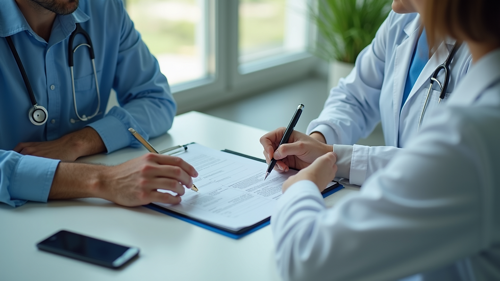High angle view of a healthcare office with staff discussing insurance verification