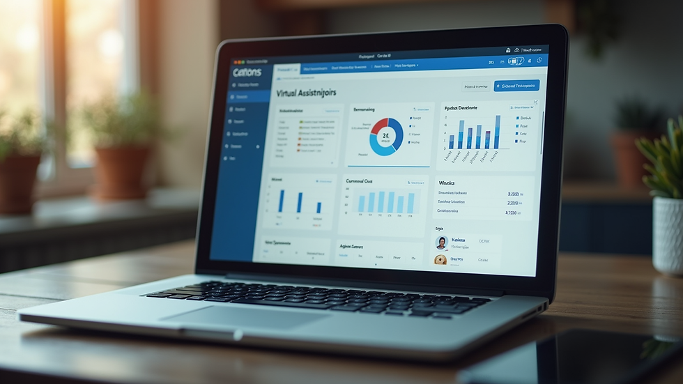 Close-up view of a laptop screen showing a virtual assistant training dashboard