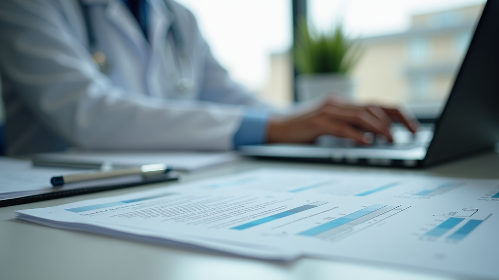 Eye-level view of a medical office desk with insurance documents and a laptop