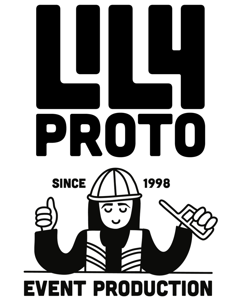 Lily Proto Logo with girl in hard hat, hi-vis and walkie talkie. Text reads 'Lily Proto, Since 1998, Event Production'