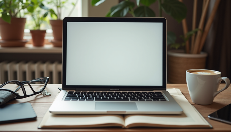 Eye-level view of a laptop screen displaying a blog post draft with notes and a cup of coffee nearby