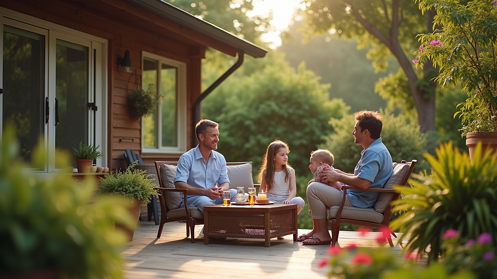 Eye-level view of a family enjoying a cozy deck with plants and furniture