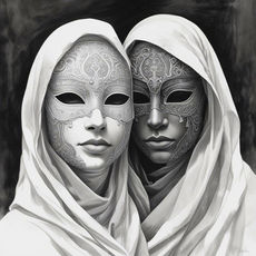 Deux personnes masquées et dans des voils blancs