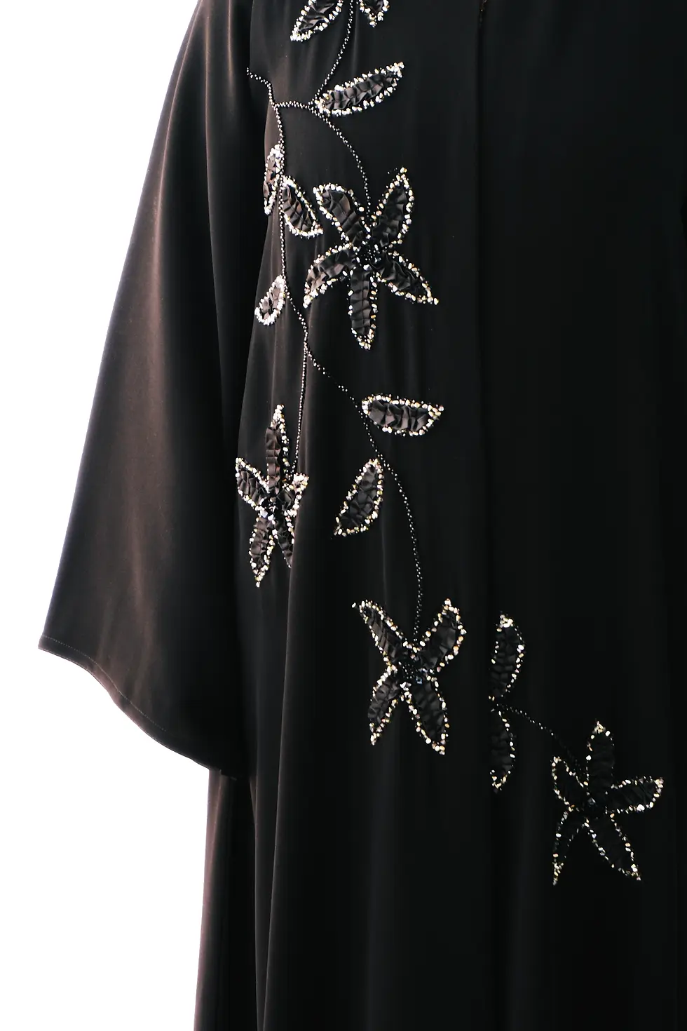 Luxury black abaya with beaded floral embroidery on front panel