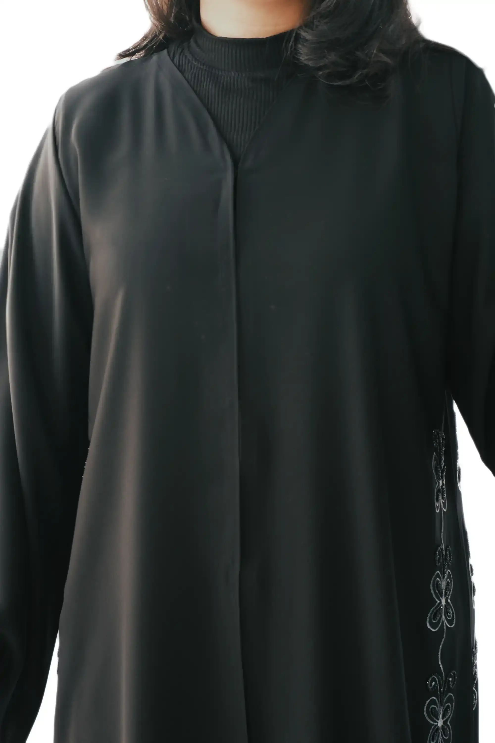 Luxury black abaya with butterfly embroidery and scalloped hem in premium jet-black fabric