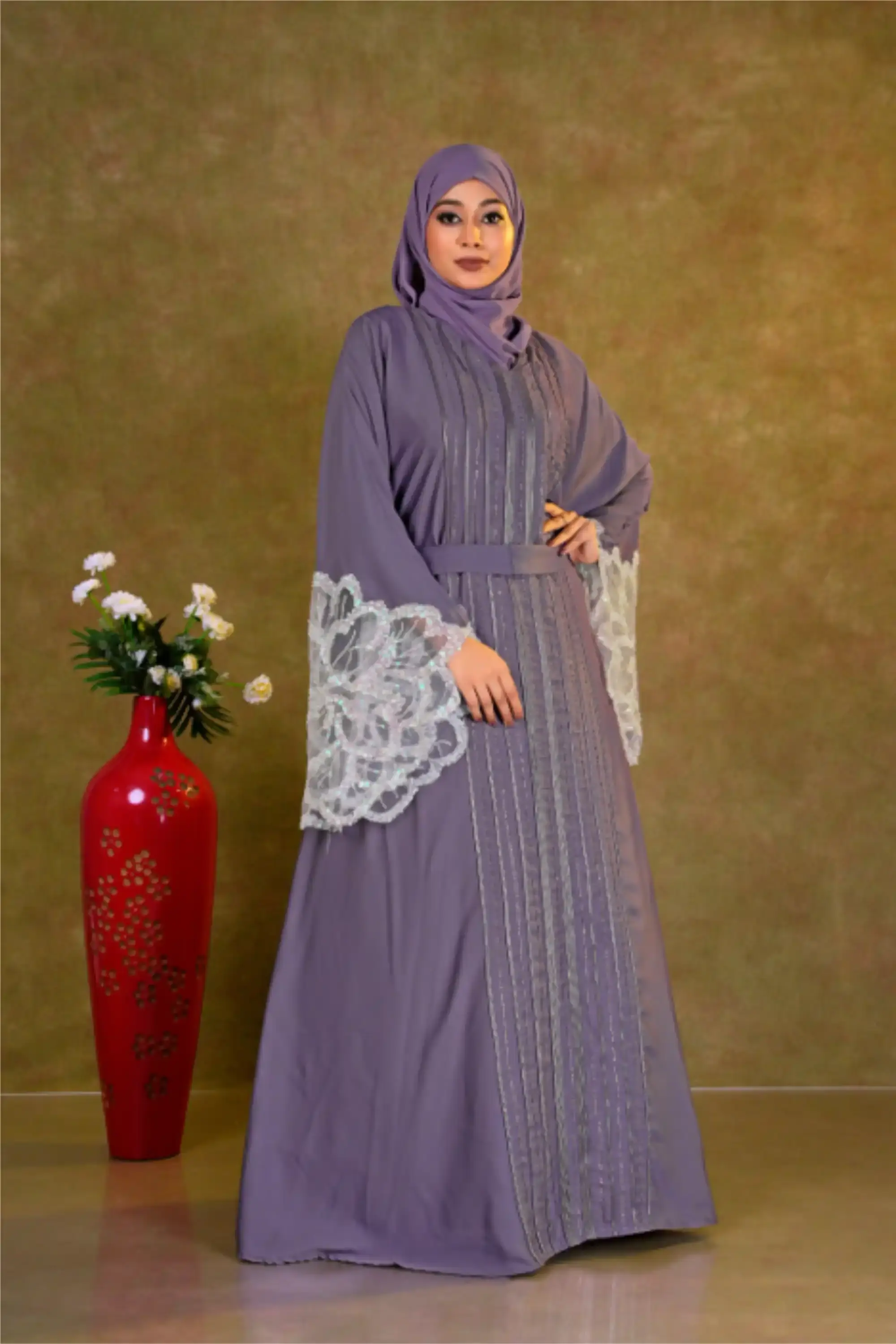 Dreamy Lavender Empress Abaya with intricate white sequined lace sleeves and a matching purple headscarf.