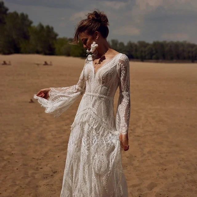 Marisela Boheme Lace Flare-Sleeve Bridal Gown