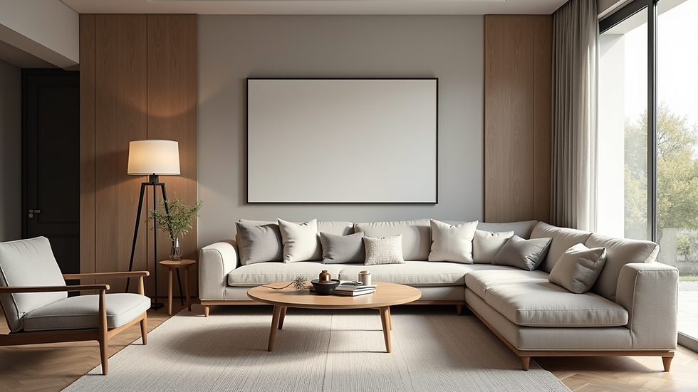 Eye-level view of a stylish living room featuring modern furniture and decor