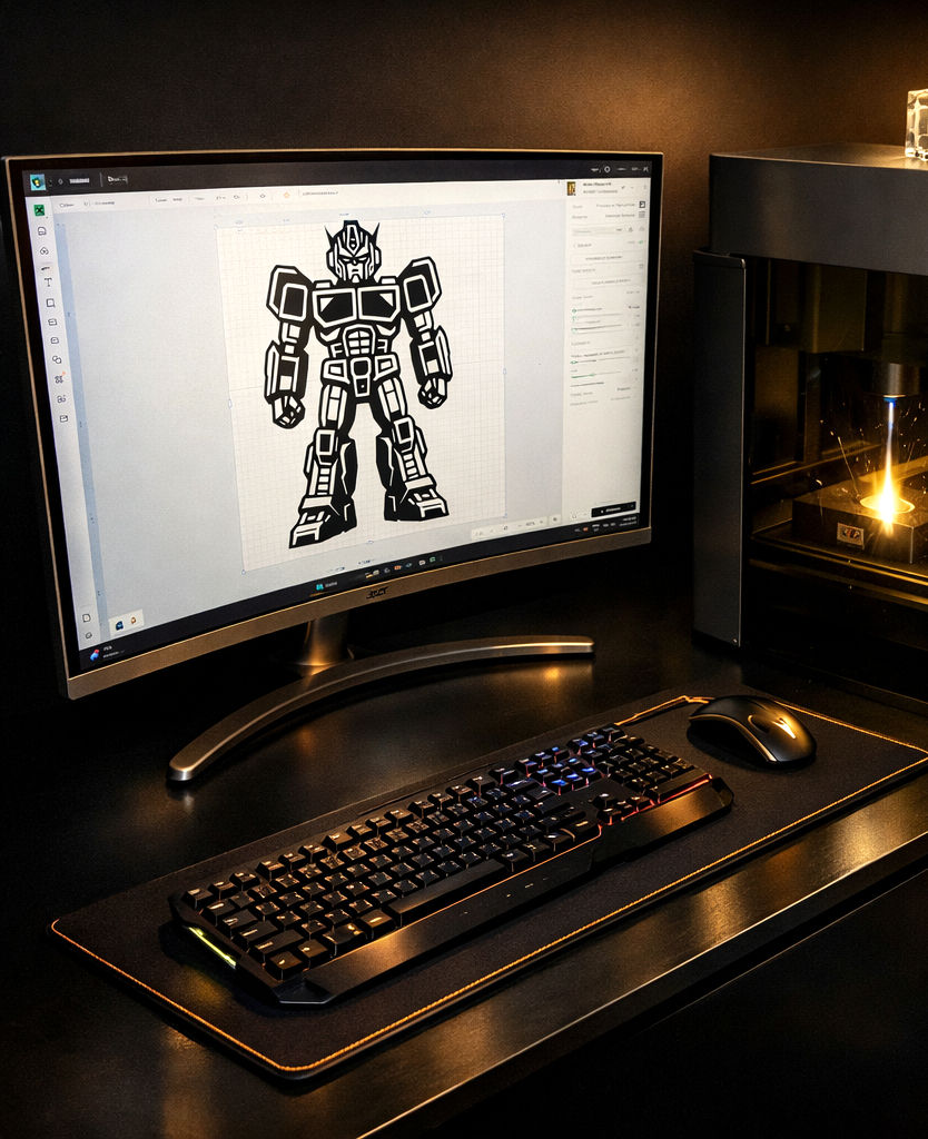 Detailed 3D robot model design on computer screen, next to 3D printer.
