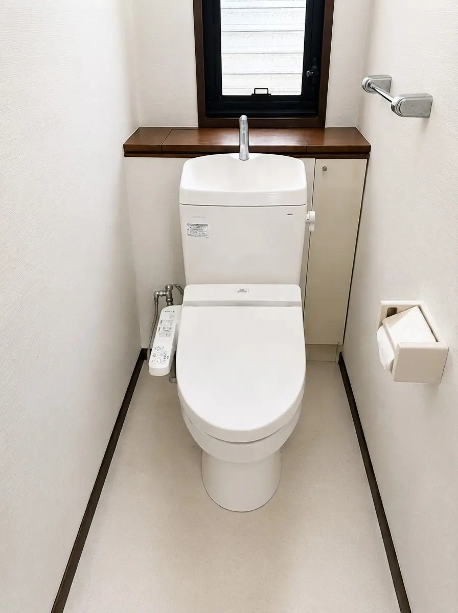 福岡のトイレリフォームで設置した手洗い付きの白い洋式トイレ