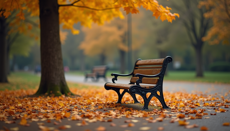 Eye-level view of a single empty chair in a quiet park during autumn
