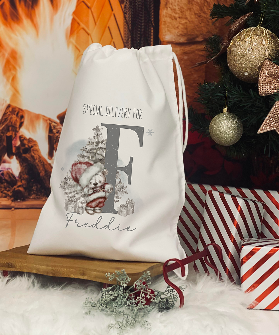Personalised Christmas Eve Bag. Bear initial design