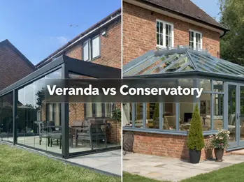 Anthracite grey glass room veranda on the left, compared to a light grey lean-to conservatory on the right hand side.