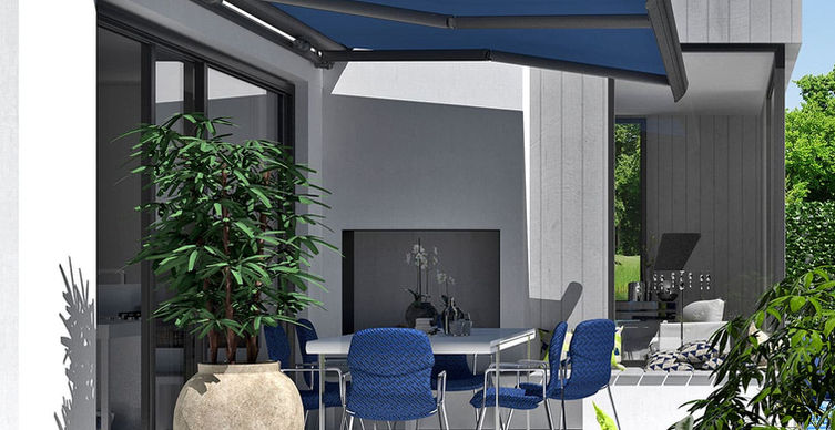 Dark grey sleeve awning with blue fabric roll