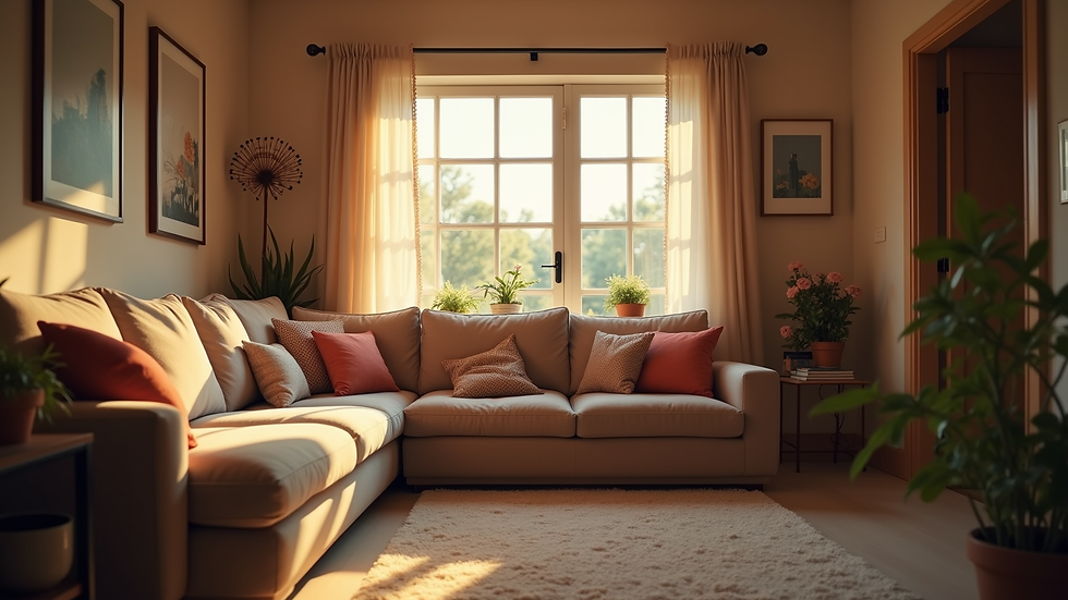 Eye-level view of a cozy family living room with a comfortable couch and warm lighting