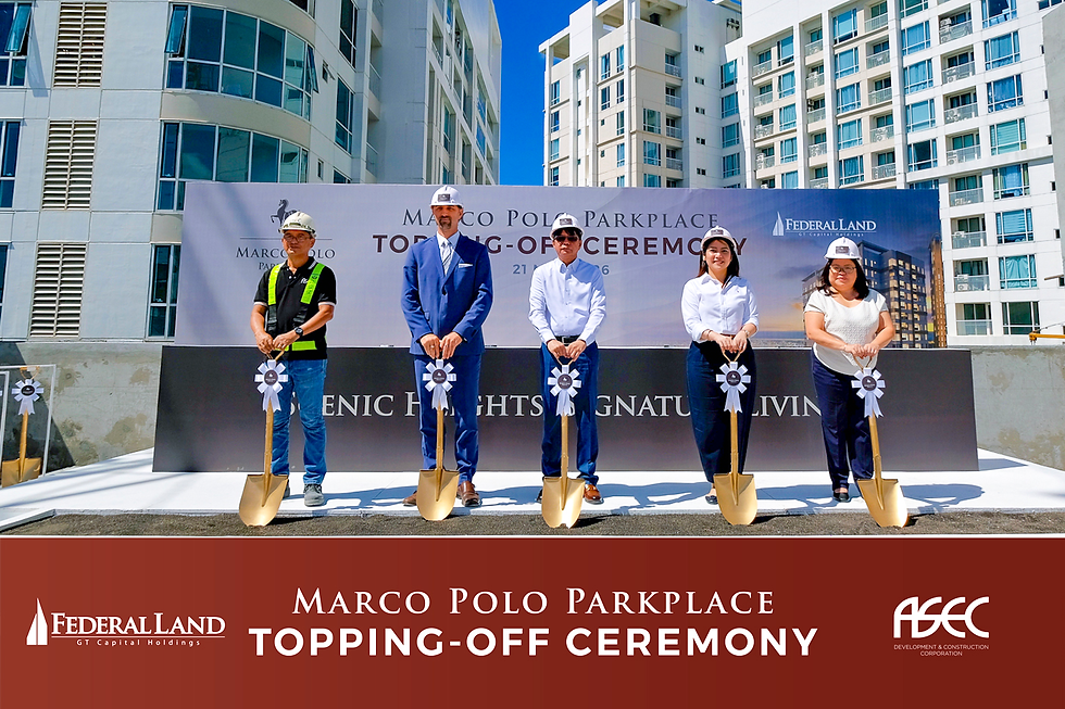 Federal Land tops off Marco Polo Parkplace
(Left to Right: ASEC Development and Construction Corporation Manager Engr. Remberto G. Quinzon, Marco Polo Plaza Cebu General Manager Mr. Maximilian Schwalbe, Vice President of Cebu Estate Mr. Fidel Malaca, Project Development Group Head Ms. Therese Fernando, and Cebu Real Estate Operations Head Ms. Lara Scarrow)