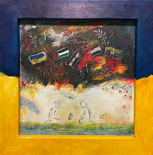 A painting called Indestructible depicting a couple looking at a small olive tree, a symbol of peace amidst war 