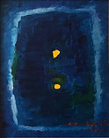 In Too Deep. Two vertically positioned yellow dots in dark blue background framed by light blue. Abstract painting by Lucia Babjakova, acrylics on canvas.