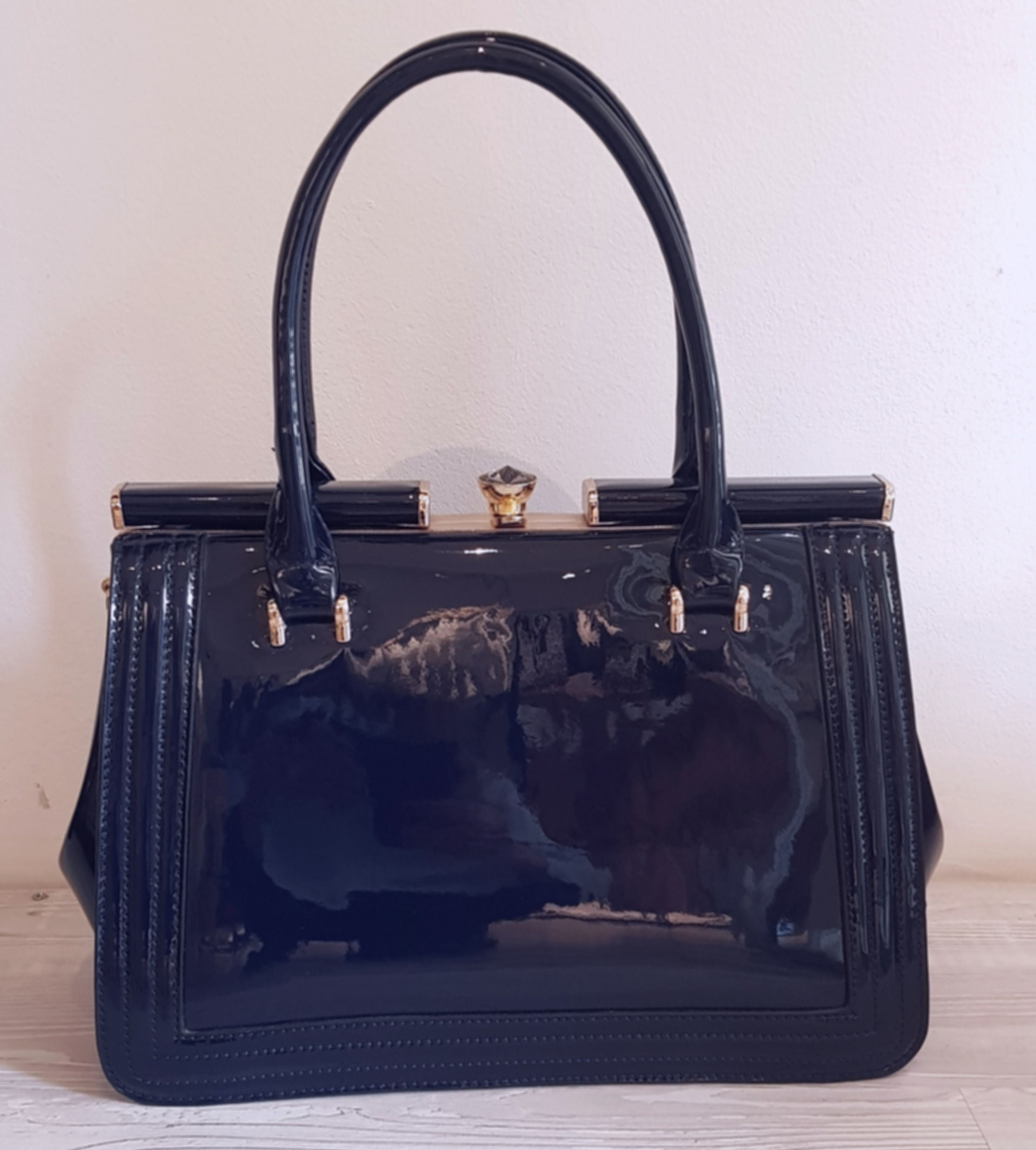 Borsa vernice blu, manico e tracolla