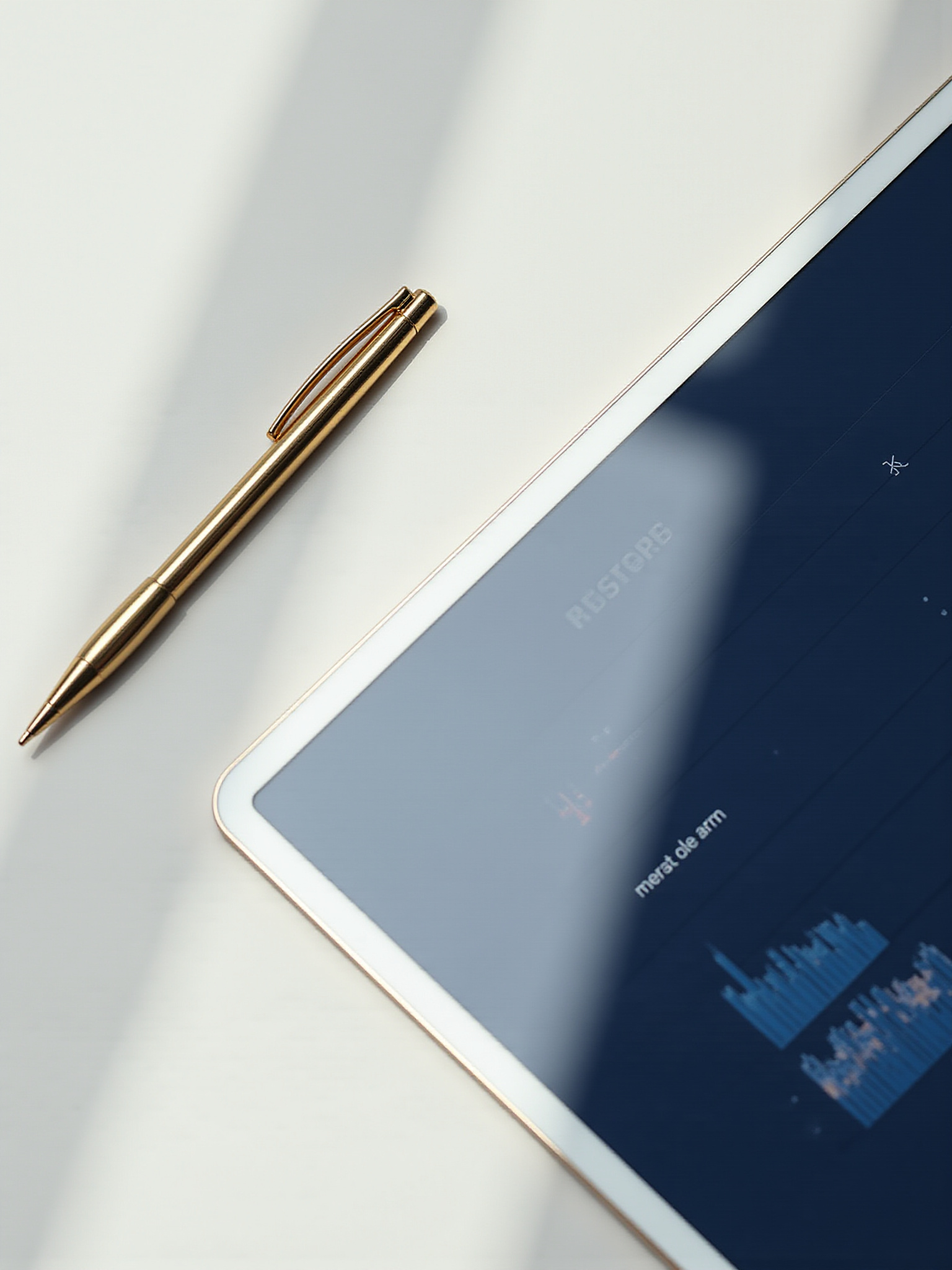 Golden pen and tablet on a sunlit surface