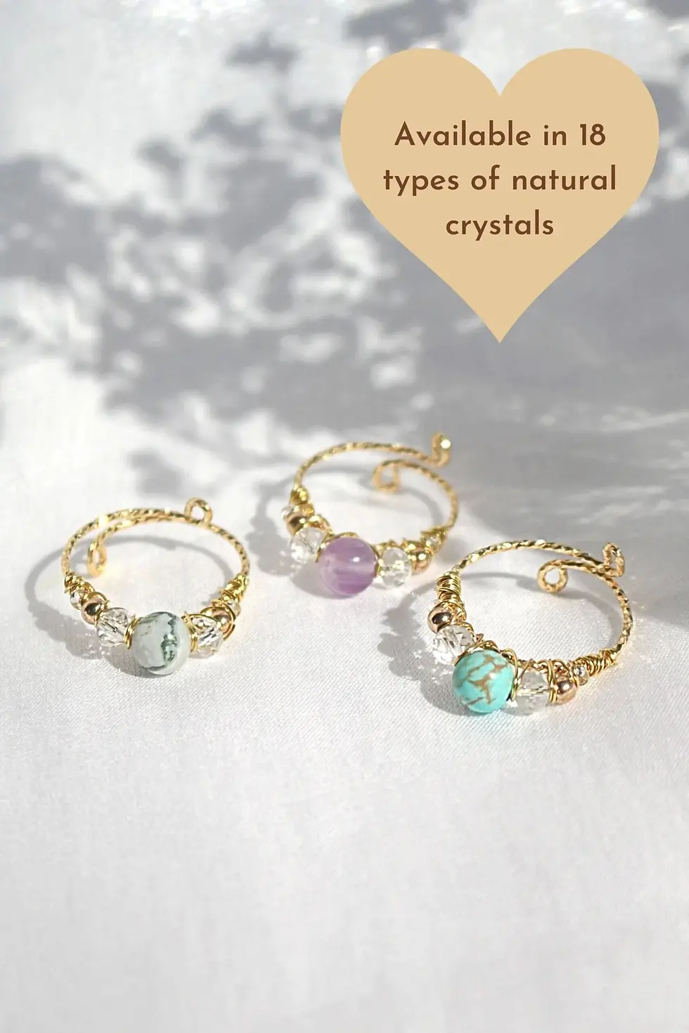 18 Gold Karats Natural Crystals Hand Wired Adjustable Ring