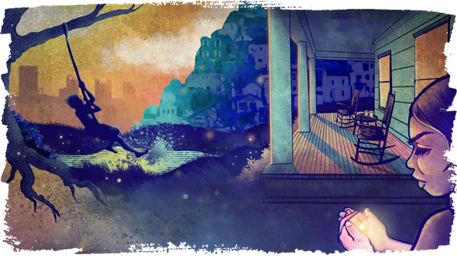 Illustration of a summer scene, child on a rope swing, child catching fireflies, rocking chairs on a porch, mountains and Pittsburgh skyline in the background.