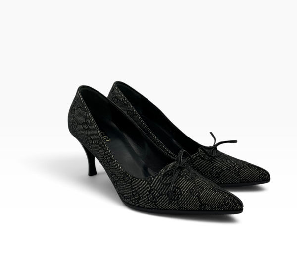 Gucci Black Denim T-strap Heels