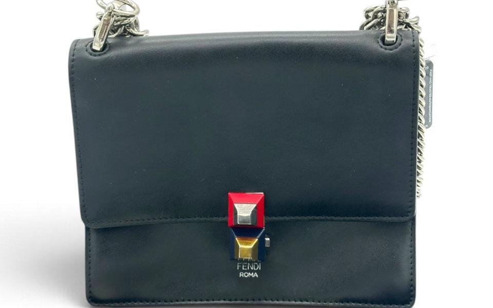 Fendi Kan I Navy Small Crossbody Bag with Mixed-Hardware Stud Closure