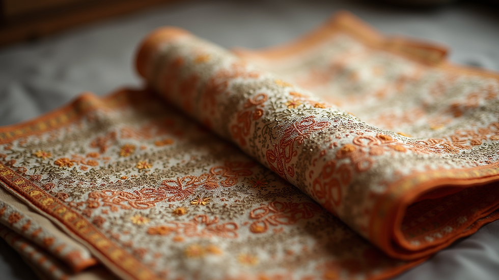 Close-up view of a folded Indo-Western sherwani fabric showing intricate embroidery