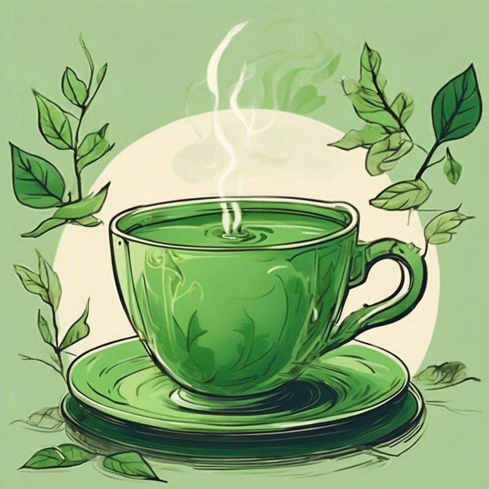 Green tea cup and saucer with some steam coming from the tea inside.
